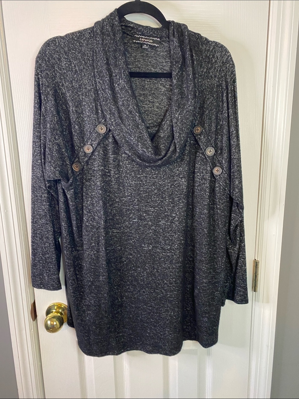Corvia Cowl Neck Button-Accent Women’s Sweater - Gray Pull over Size 1X.